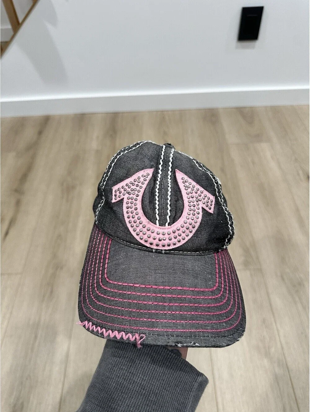 True Religion Distressed Gray Pink Adjustable Strap-Back Hat BROKEN